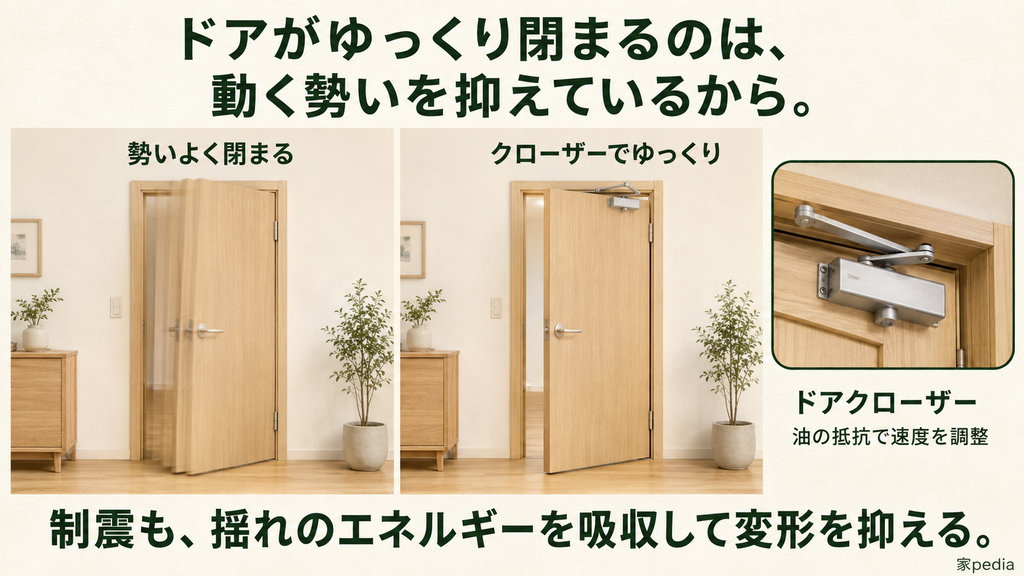 油の抵抗でドアの閉まる勢いを抑えるドアクローザー。制震も揺れのエネルギーを吸収し、建物の変形を抑える。