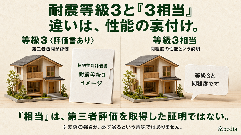 住宅性能評価書で等級3が確認された家と「3相当」と説明された家の比較。「相当」は第三者評価の証明ではないが、必ず性能が劣るという意味でもない。