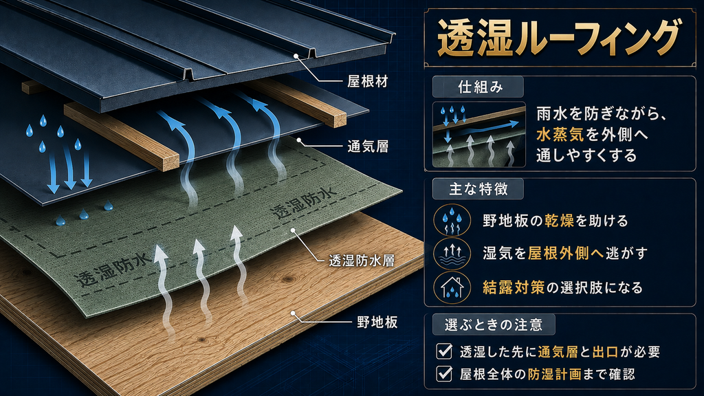 透湿ルーフィングが雨水を防ぎ湿気を逃がす仕組み