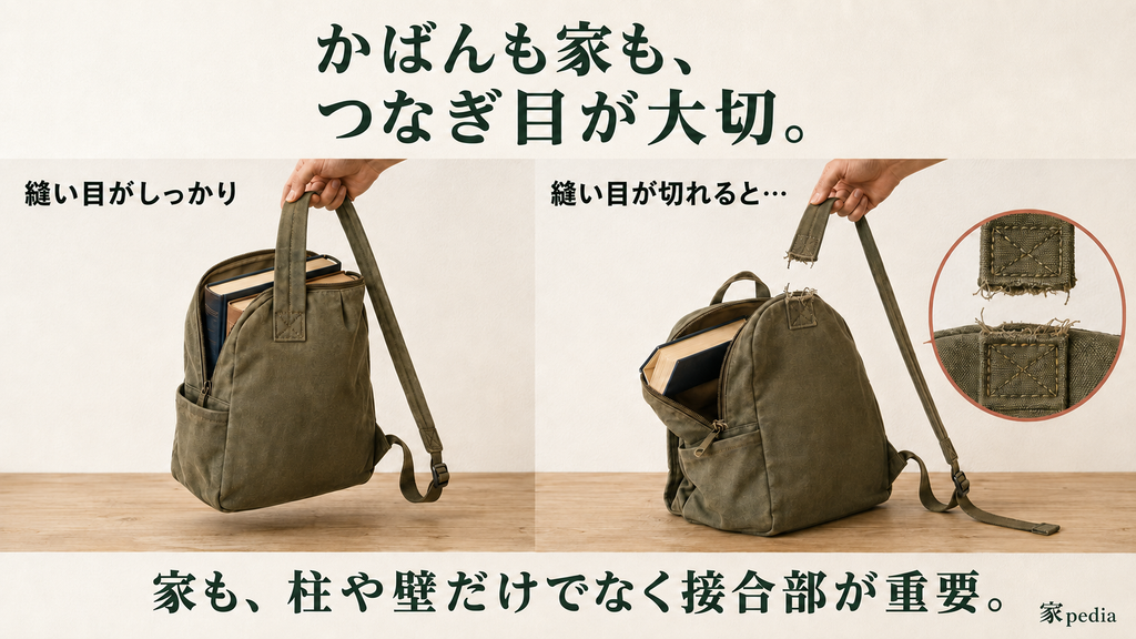 丈夫なリュックも肩ひものつなぎ目が切れると荷物を支えられない。住宅も柱や壁だけでなく、力を受け渡す接合部の強さが重要。