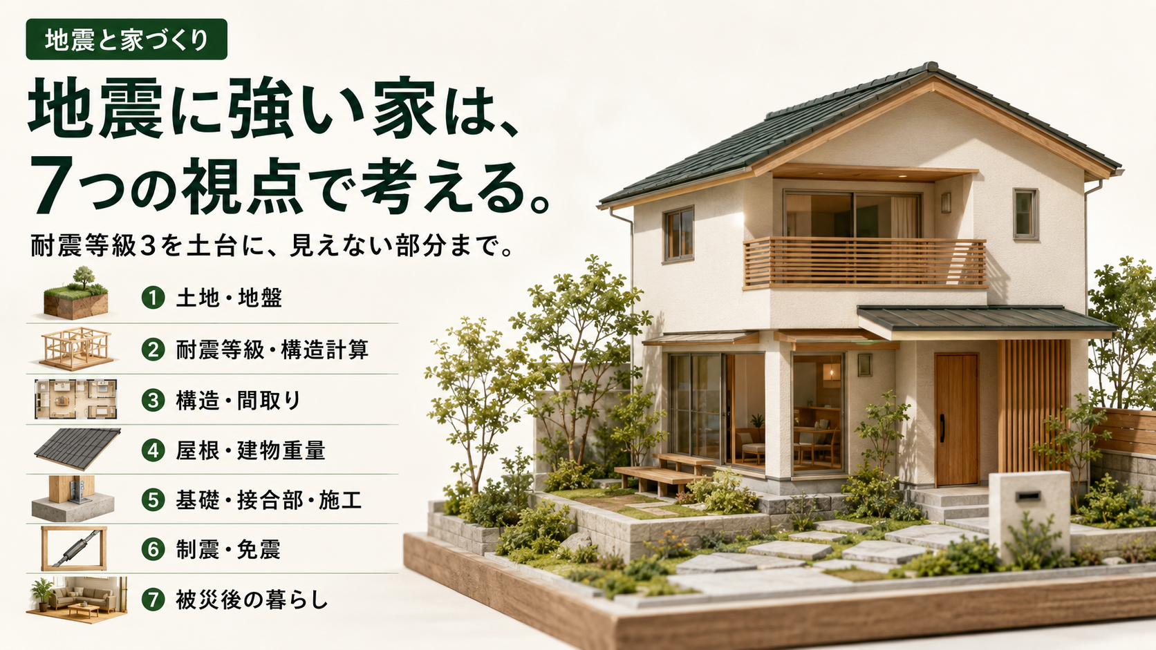 地震に強い家を考える7つの視点。土地・地盤、耐震等級・構造計算、構造・間取り、屋根・建物重量、基礎・接合部・施工、制震・免震、被災後の暮らし。