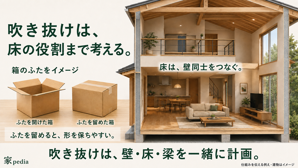 箱のふたを留めると形を保ちやすくなるように、住宅の床は壁同士をつなぐ。吹き抜けは壁・床・梁を一緒に計画することが重要。