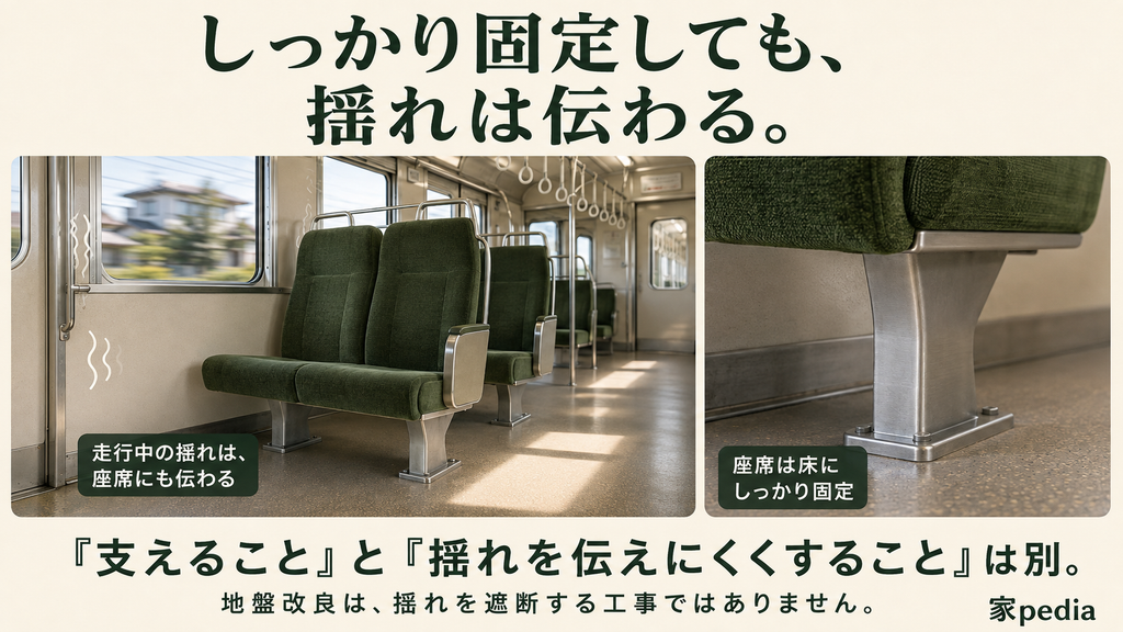 床に固定された電車の座席にも揺れは伝わる。地盤改良で家を支えることと、地震の揺れを遮断することは別の役割。
